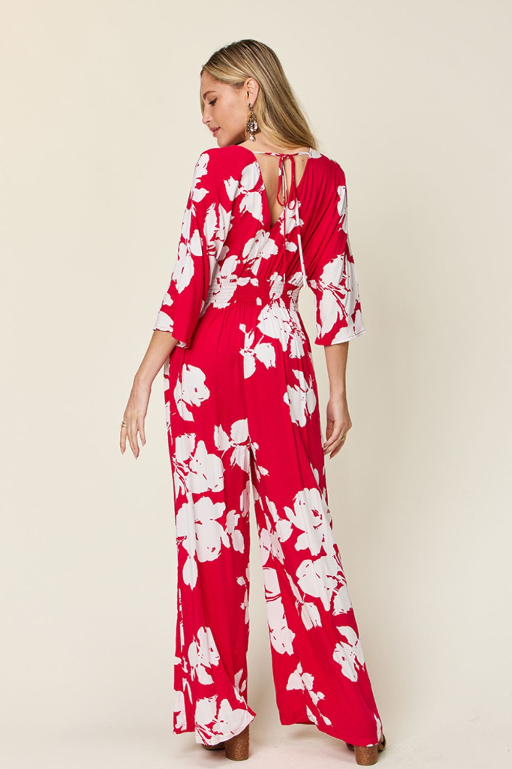 Double Take Printed Tie Back Wide Leg Jumpsuit