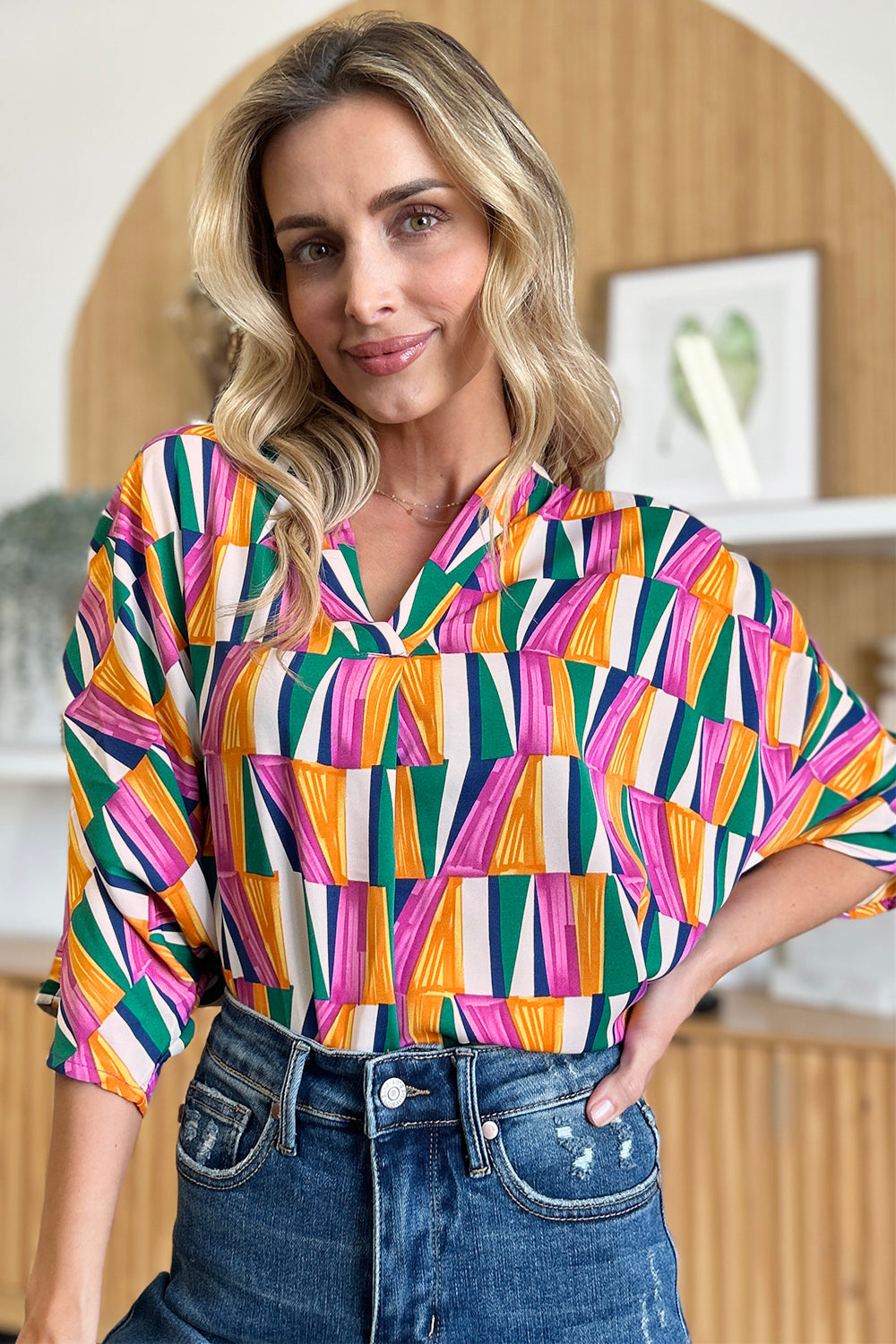 Double Take Geometric Notched Raglan Sleeve Blouse