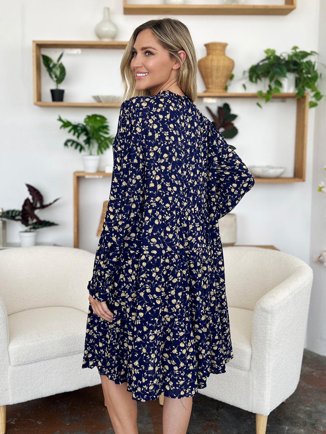 Double Take Printed Ruffle Hem Long Sleeve Tiered Dress