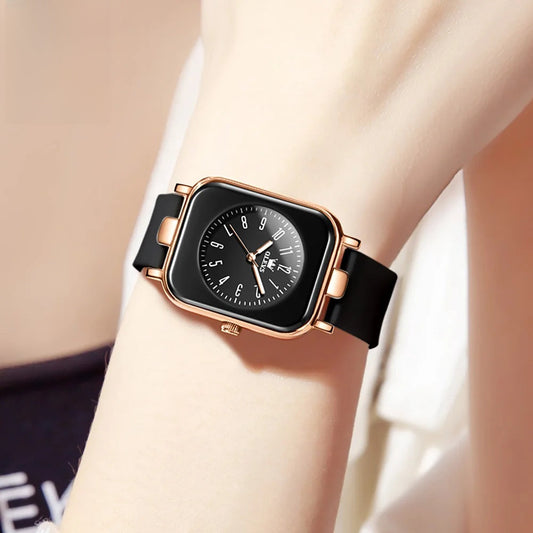 Women's Rectangular Gold Tone Quartz Watch Silicone Strap
