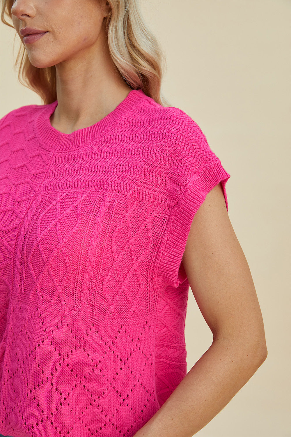 Double Take Cable-Knit Round Neck Cap Sleeve Sweater