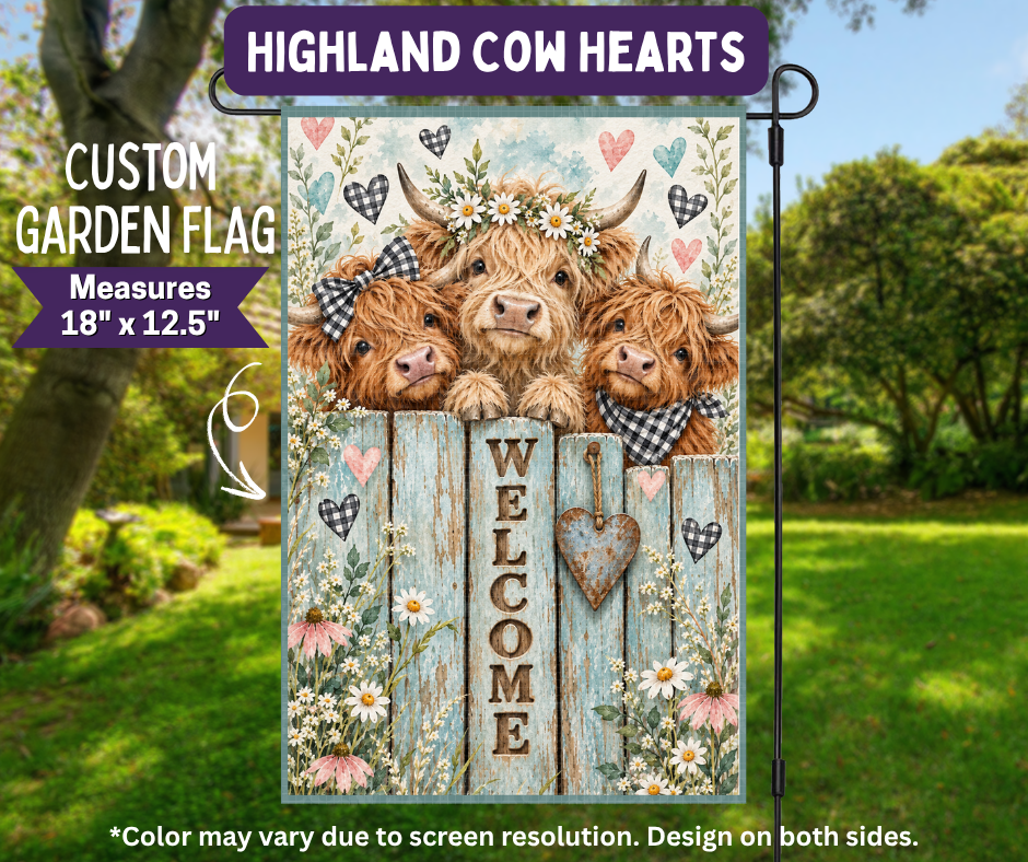 Preorder! Closes 11/9. ETA Feb. Highland Cow Hearts Garden Flag