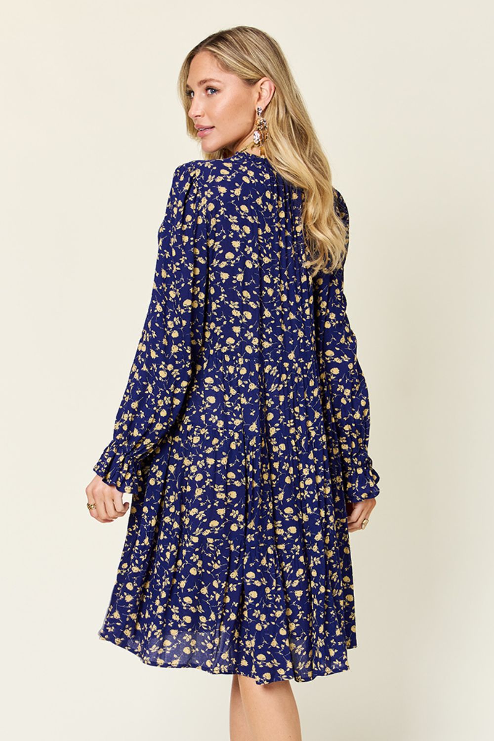 Double Take Printed Ruffle Hem Long Sleeve Tiered Dress