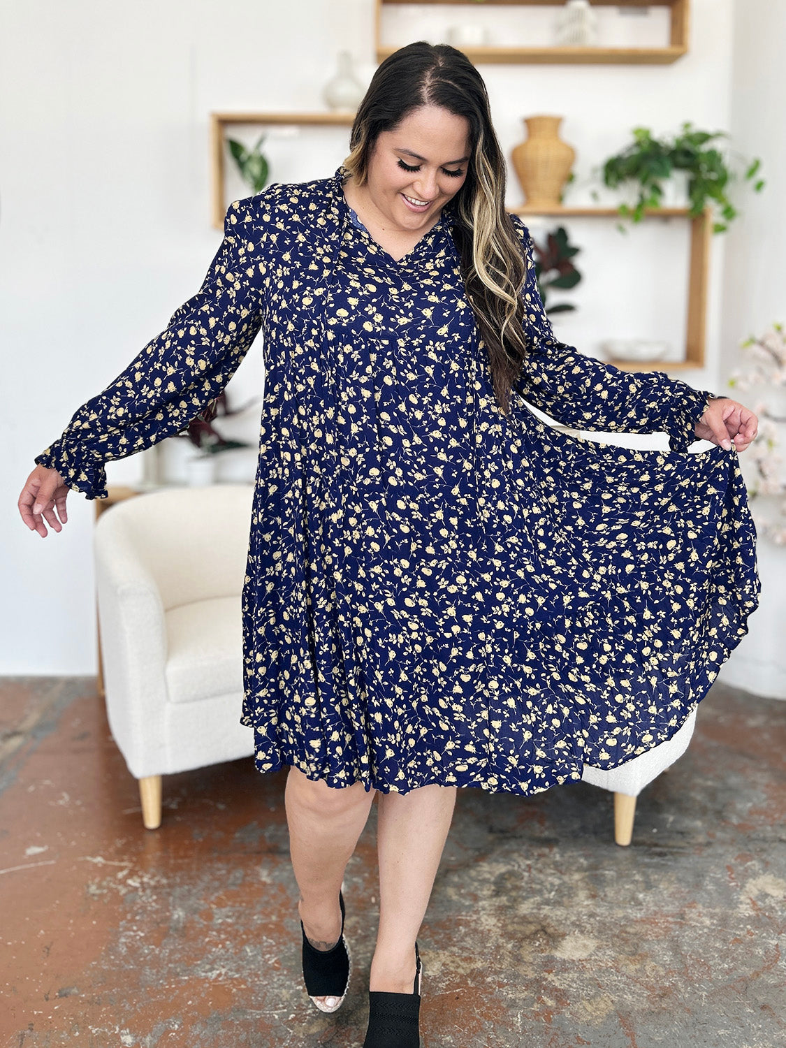 Double Take Printed Ruffle Hem Long Sleeve Tiered Dress