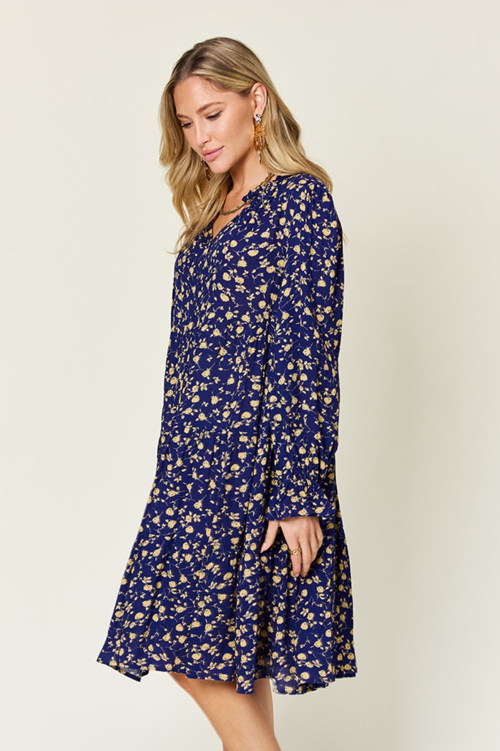 Double Take Printed Ruffle Hem Long Sleeve Tiered Dress
