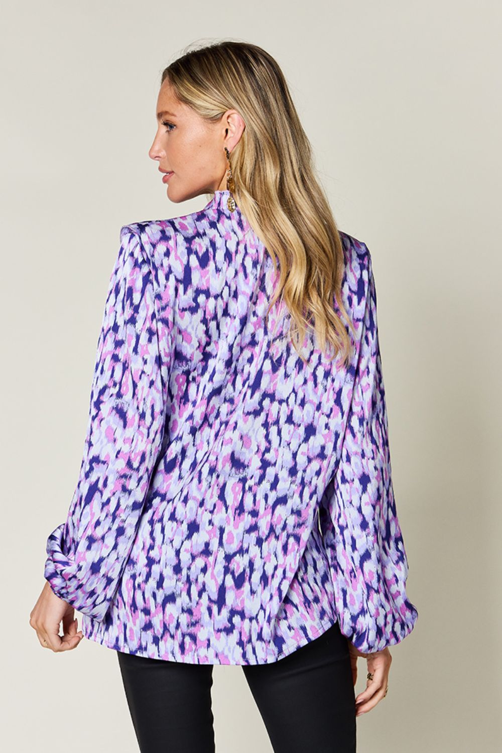 Double Take Printed Ruffle Trim Balloon Sleeve Shirt