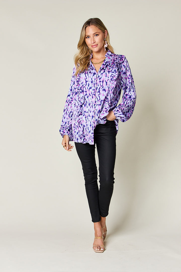 Double Take Printed Ruffle Trim Balloon Sleeve Shirt