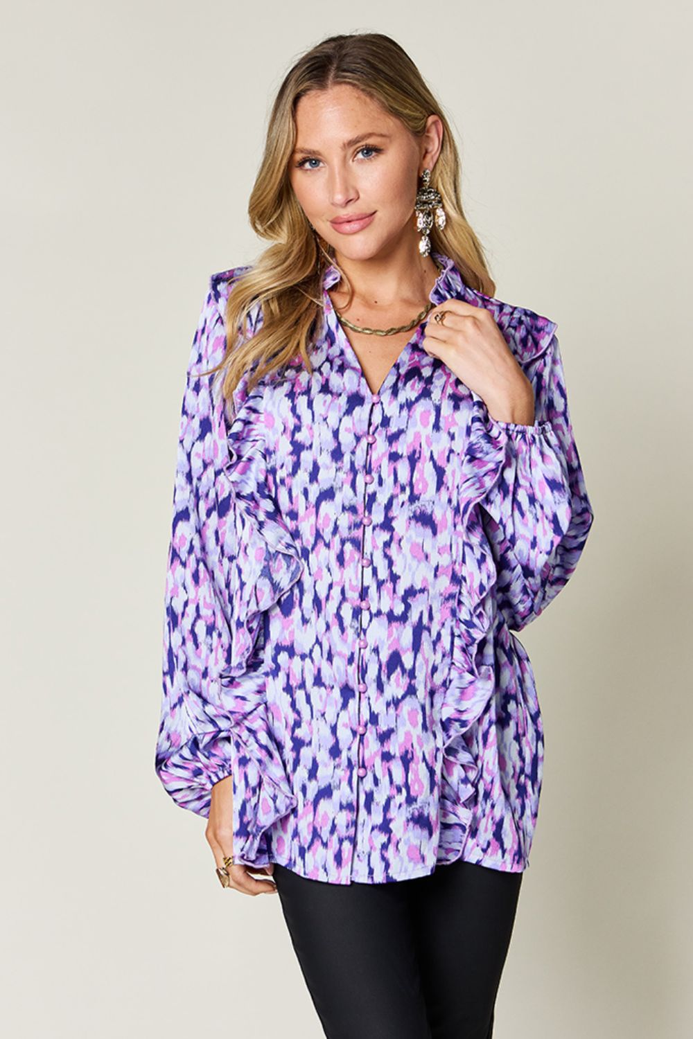 Double Take Printed Ruffle Trim Balloon Sleeve Shirt