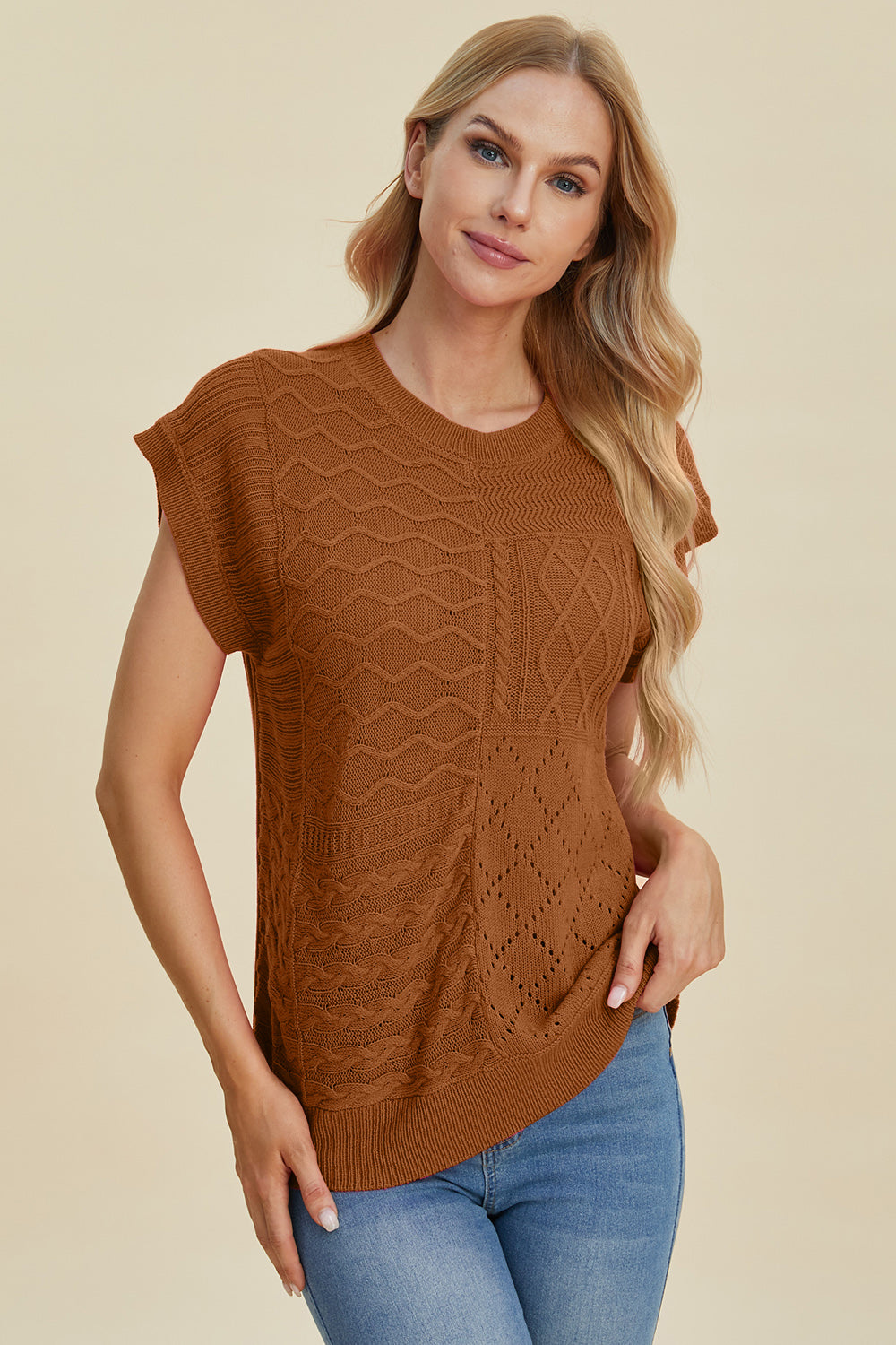 Double Take Cable-Knit Round Neck Cap Sleeve Sweater