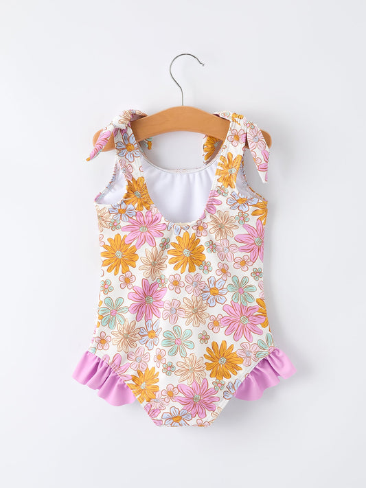 Floral Print Girls Ruffle Leg One Piece Swimsuit