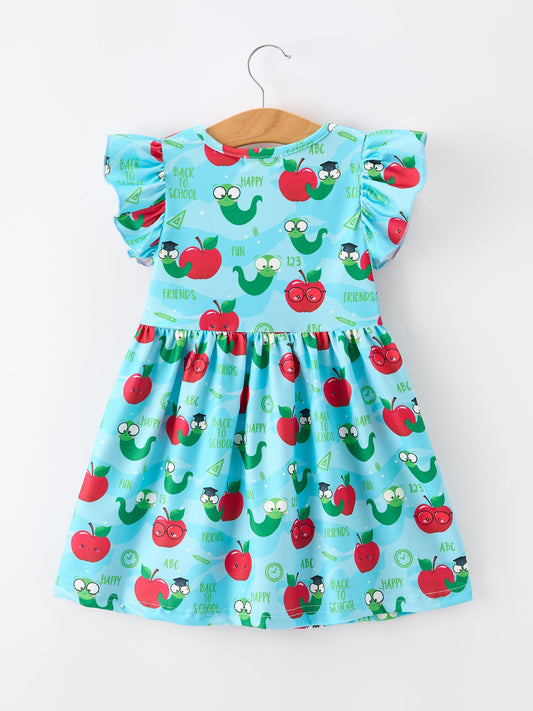 Girls Back To School Apple Worm Twirl Dress Ruffle Color Block