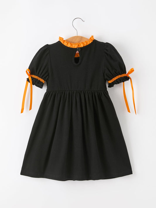 Girls Halloween Dog Pumpkin Embroidered Dress Puff Sleeve