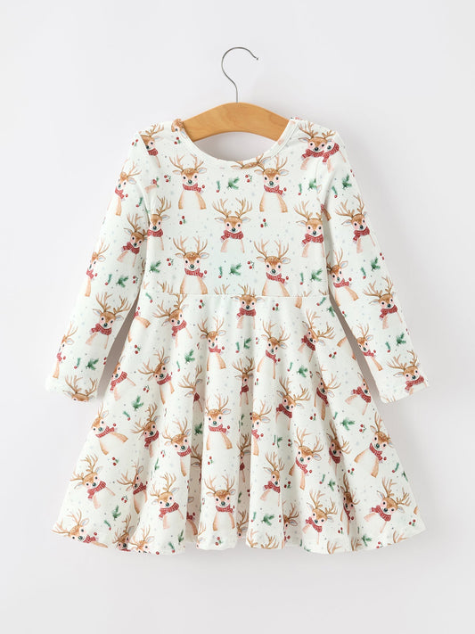 Girls Reindeer Christmas Twirl Long Sleeve Dress
