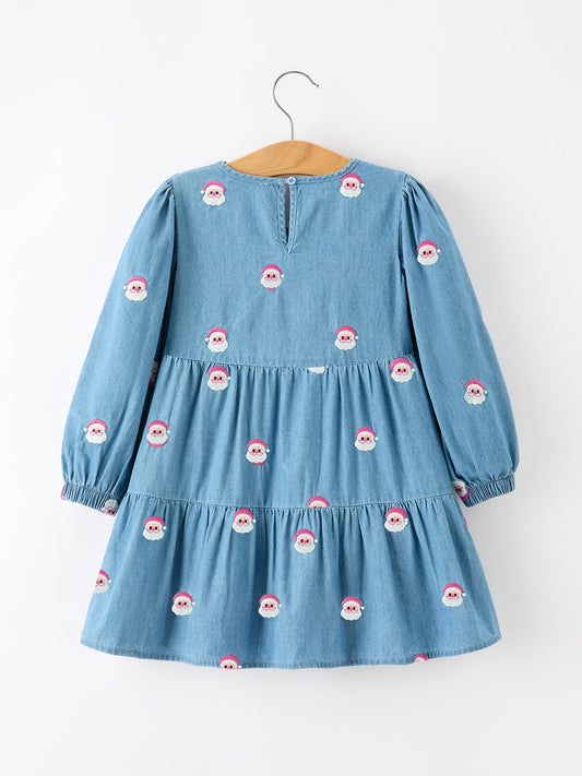 Christmas Santa Embroidered Girls Denim Dress