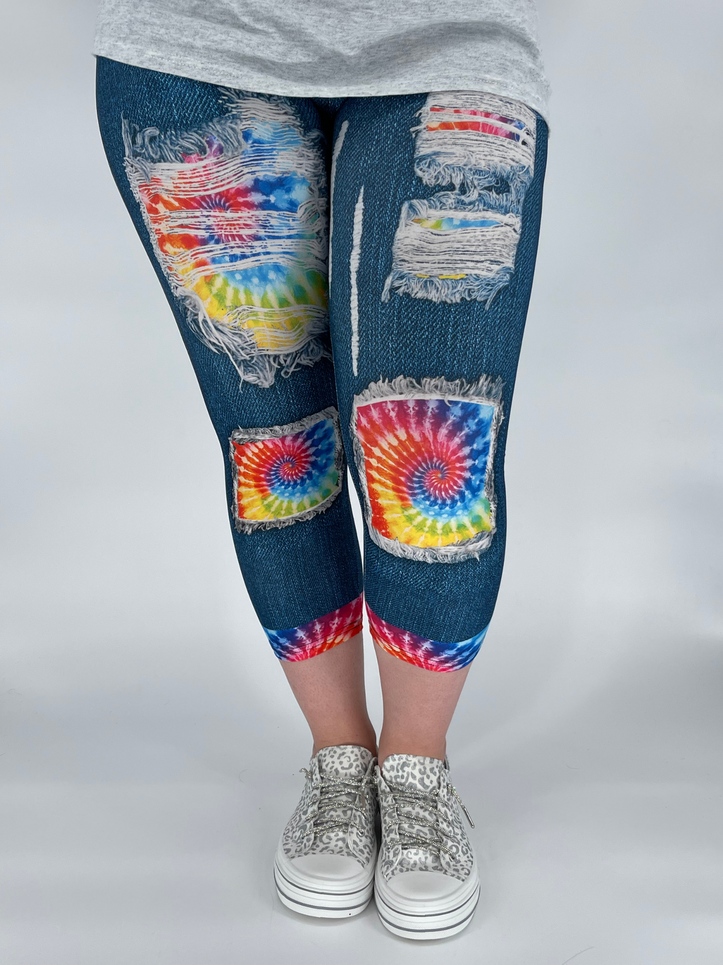 Rainbow Tie Dye Denim Capri Leggings w/ Back Pockets