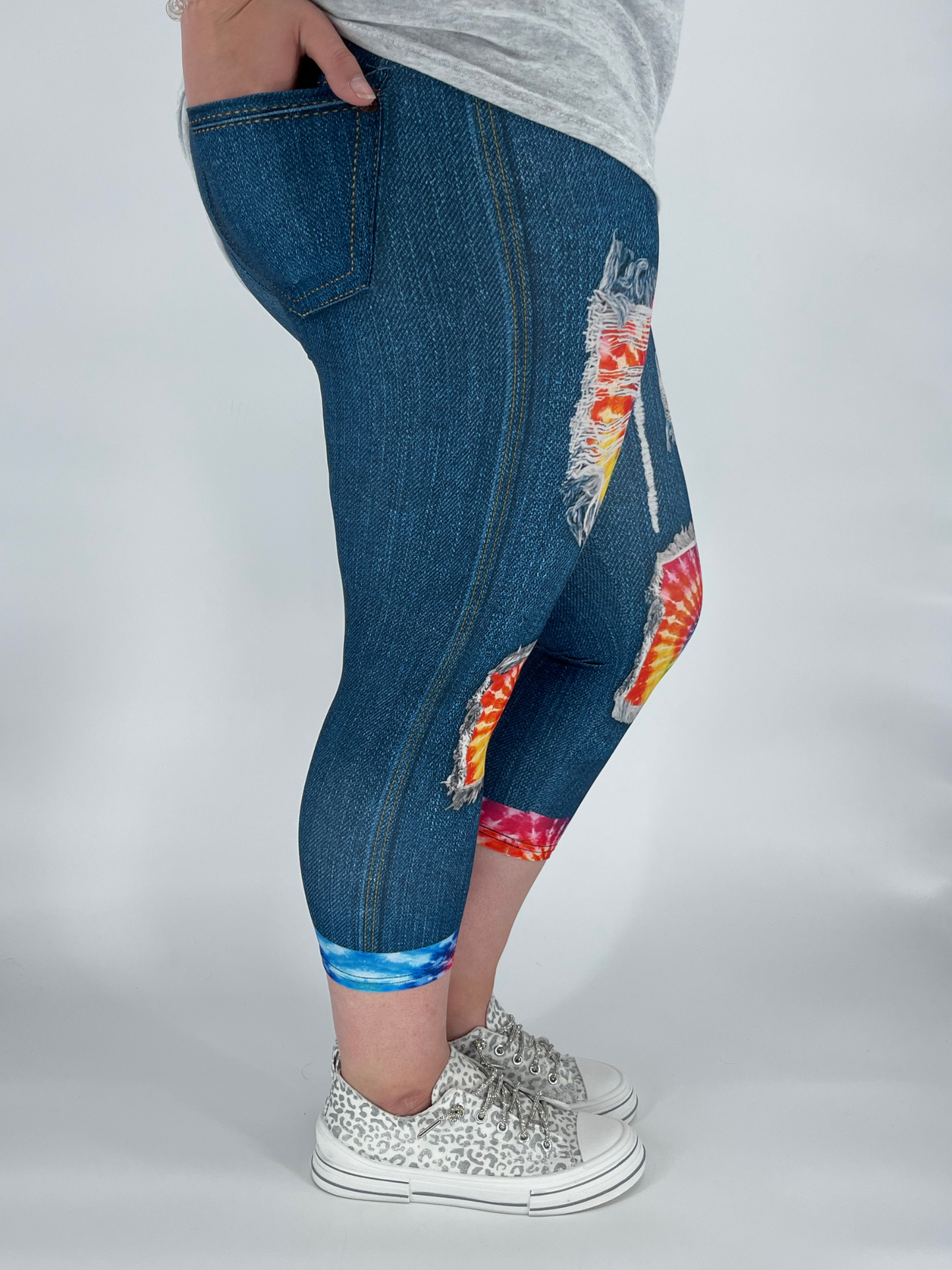 Rainbow Tie Dye Denim Capri Leggings w/ Back Pockets