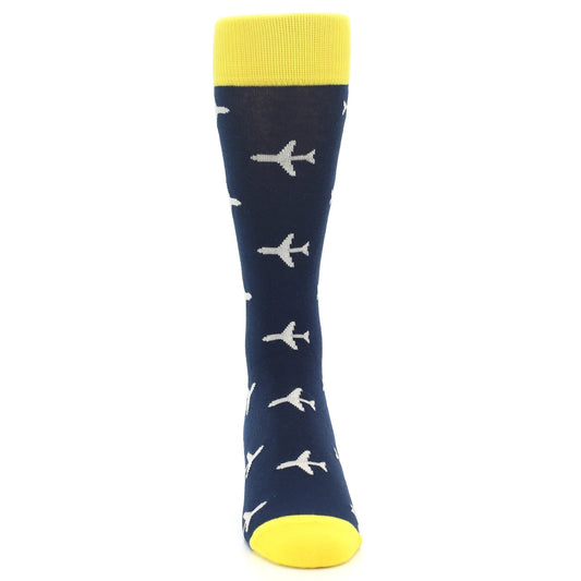 Navy Yellow Airplane Pattern Menās Dress Socks