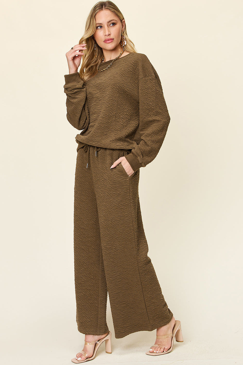 Double Take Texture Long Sleeve Top and Pants Set