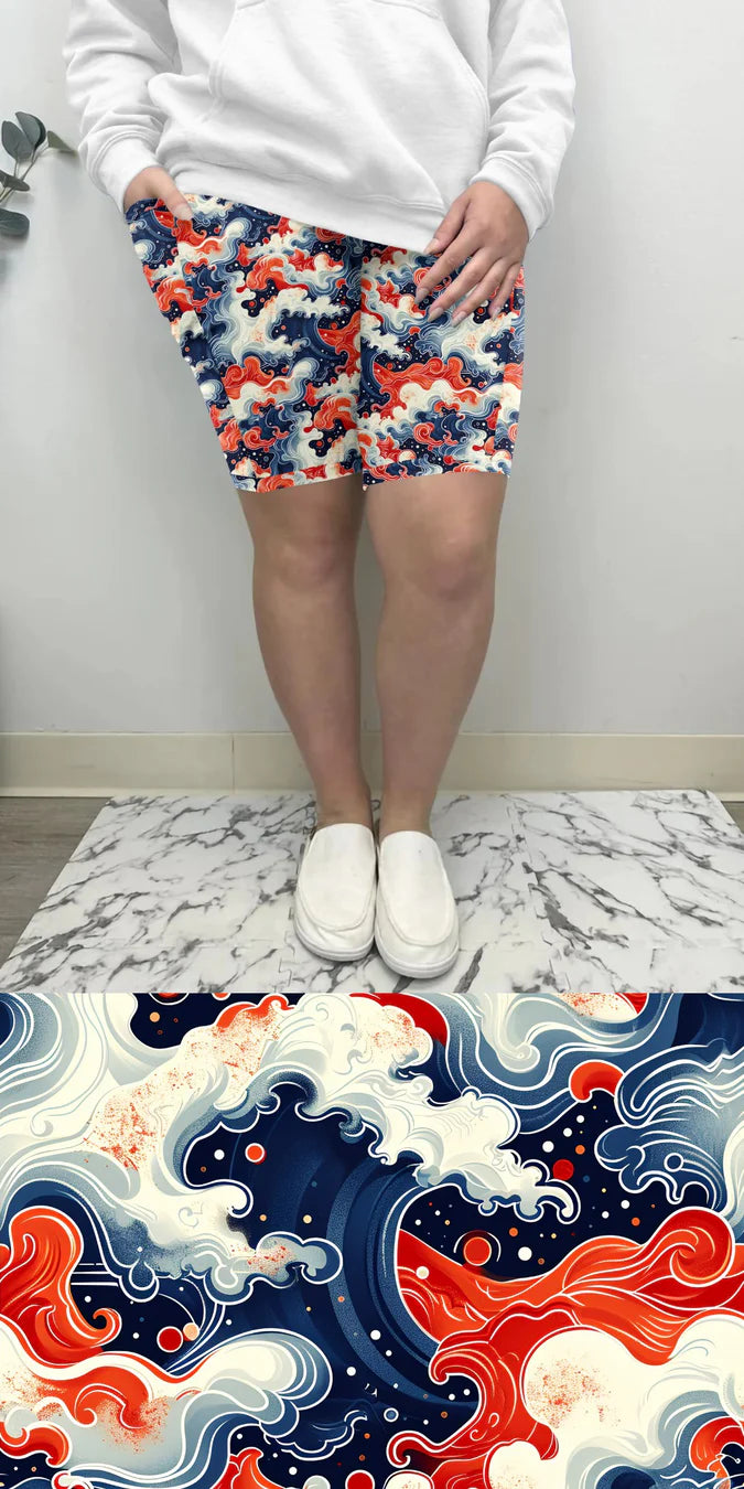 Red Waves Bermuda Shorts w/ Pockets