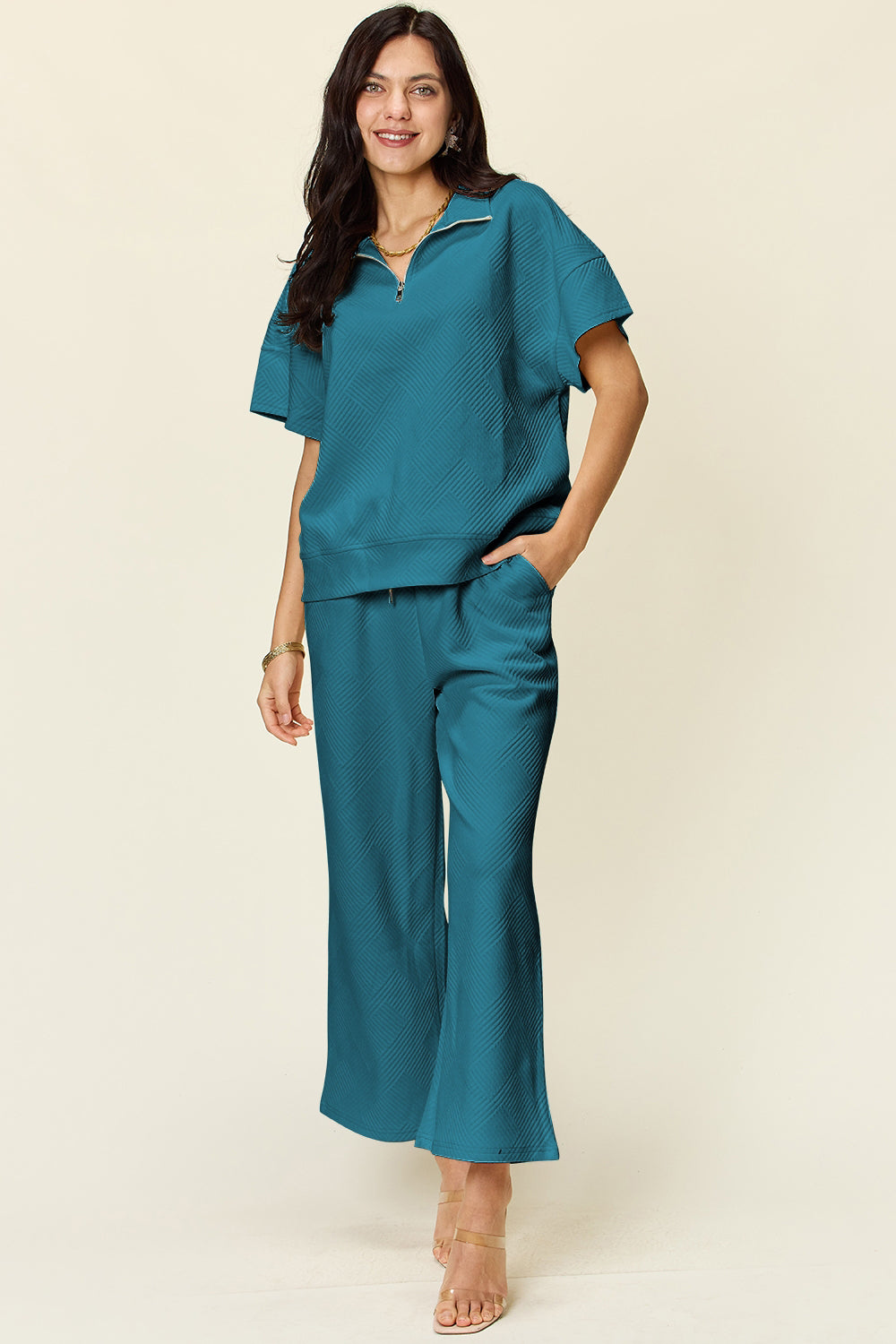 Double Take Texture Half Zip Short Sleeve Top and Pants Set