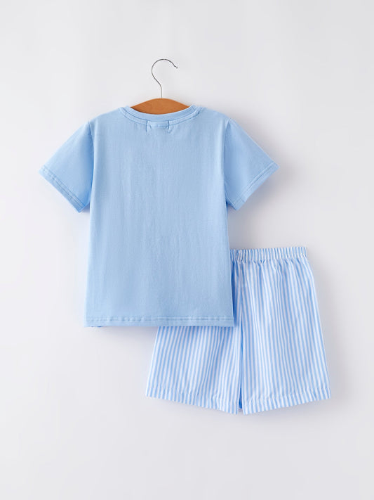 "I ⤠MOMMY" Embroidery Smocking Baby Boys Striped Shorts Set