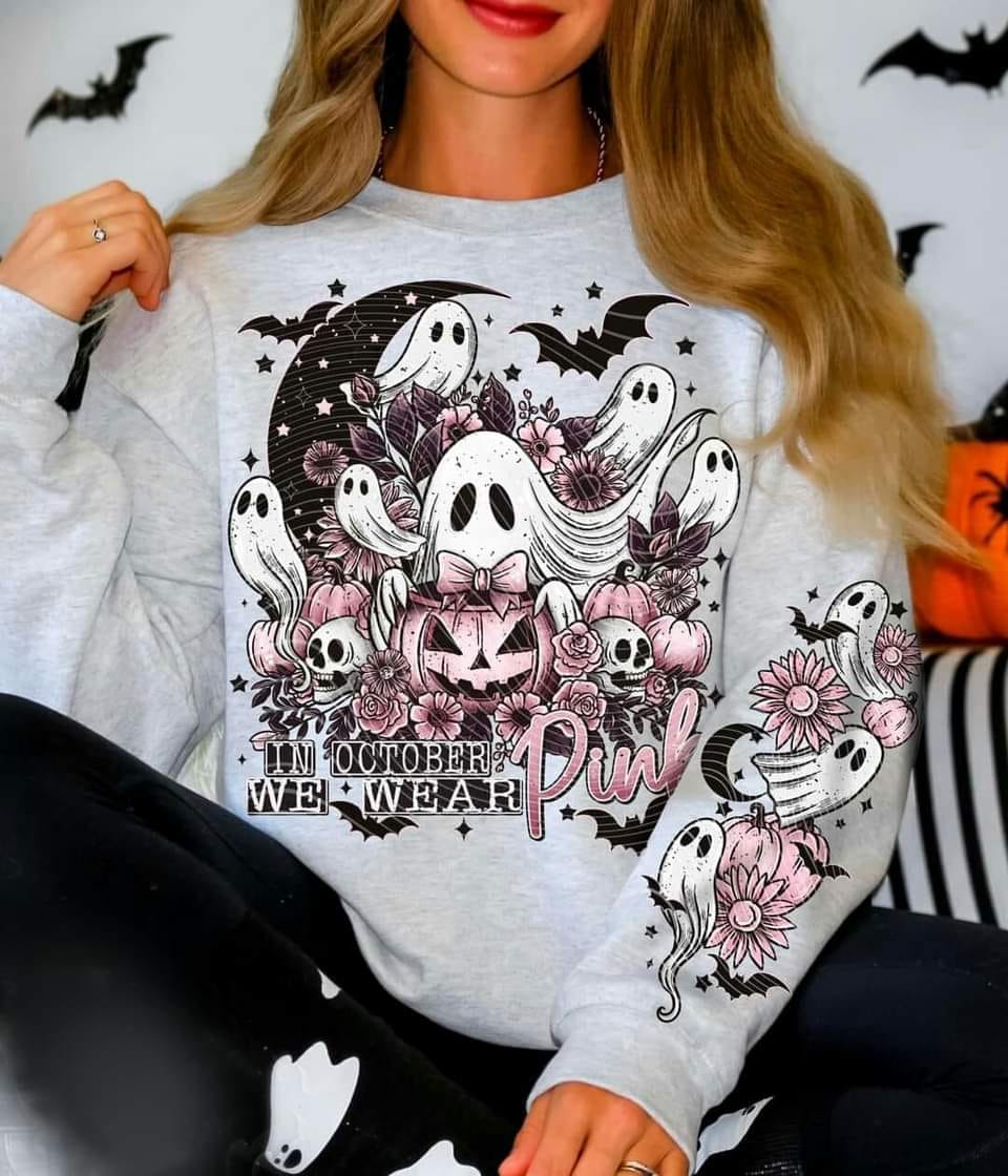 SPOOKY BREAST CANCER AWARENESS- CREWNECK SWEATSHIRT W/ SLEEVE PRINT