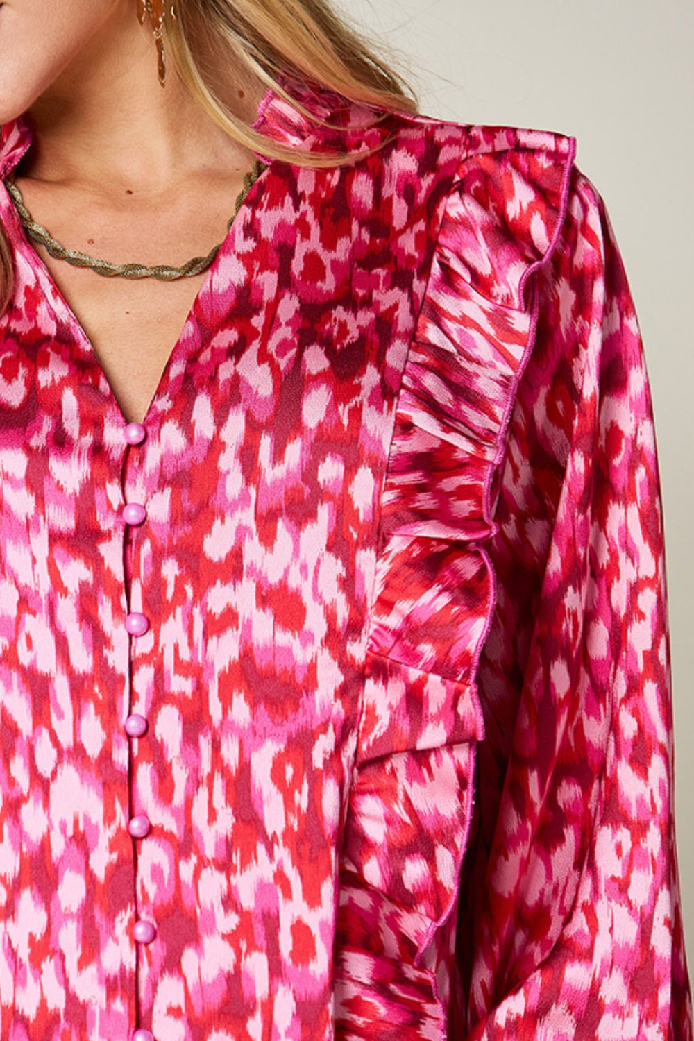 Double Take Printed Ruffle Trim Balloon Sleeve Shirt