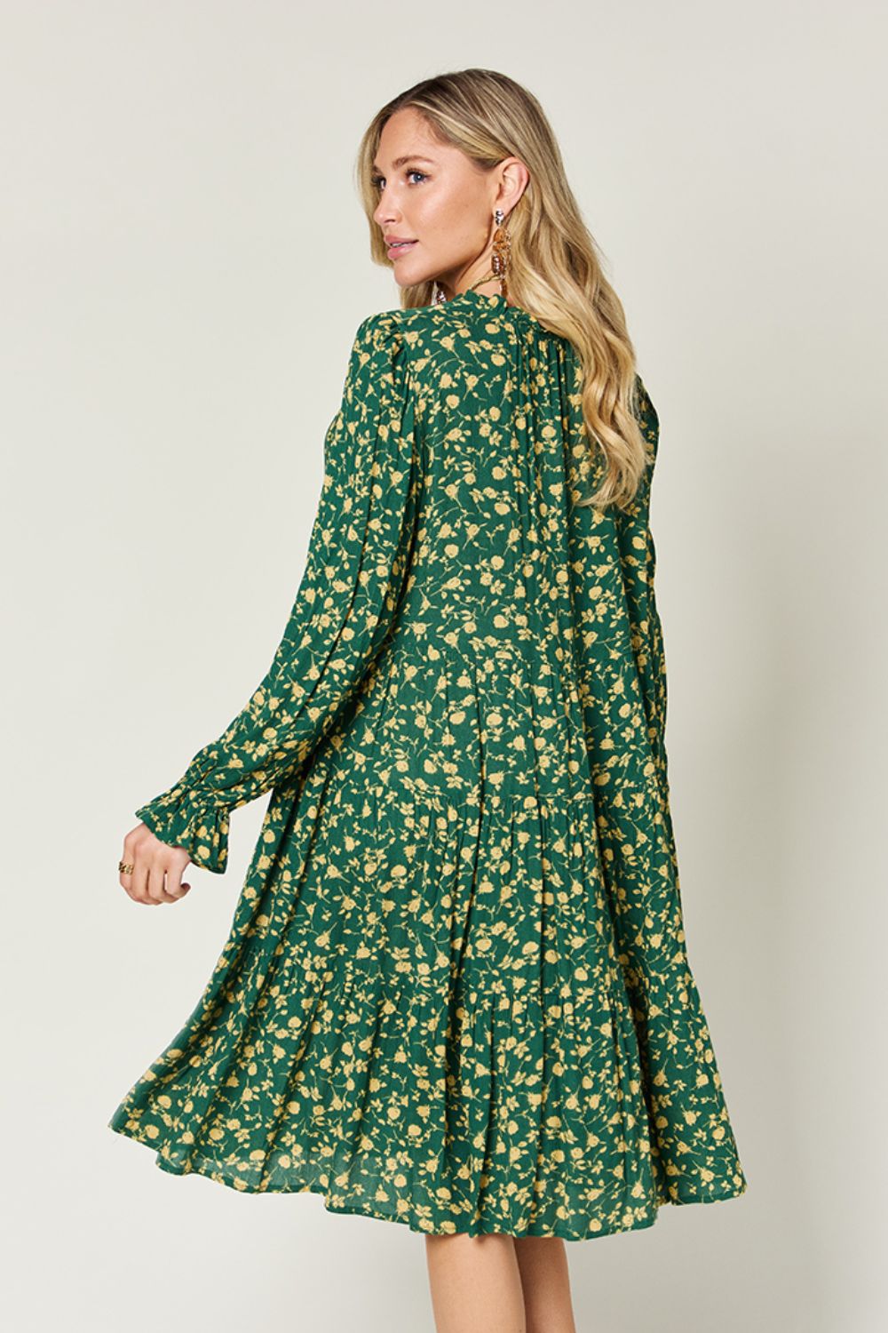 Double Take Printed Ruffle Hem Long Sleeve Tiered Dress