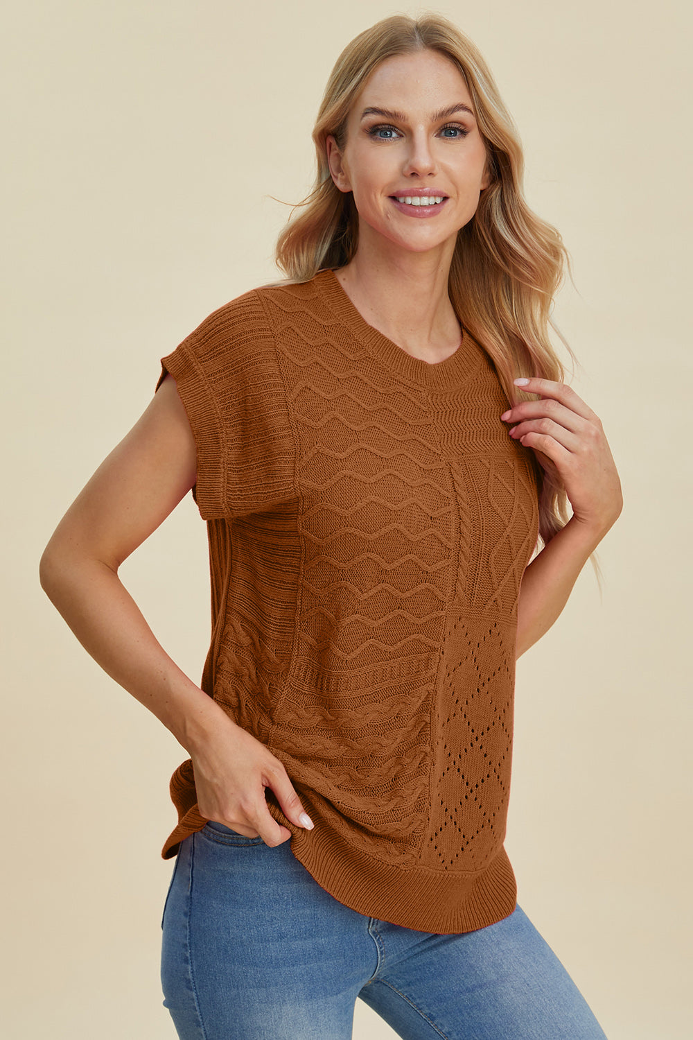 Double Take Cable-Knit Round Neck Cap Sleeve Sweater