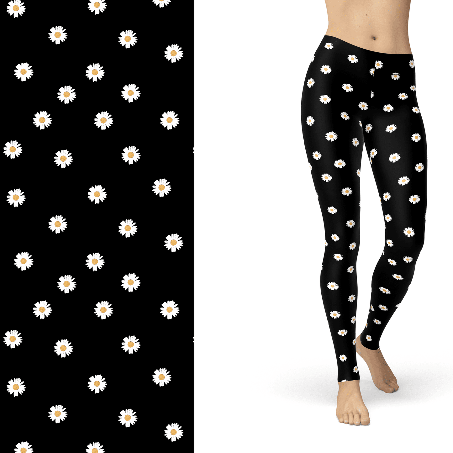 Daisy Flower  Leggings Black and White with Left Side Pocket Active