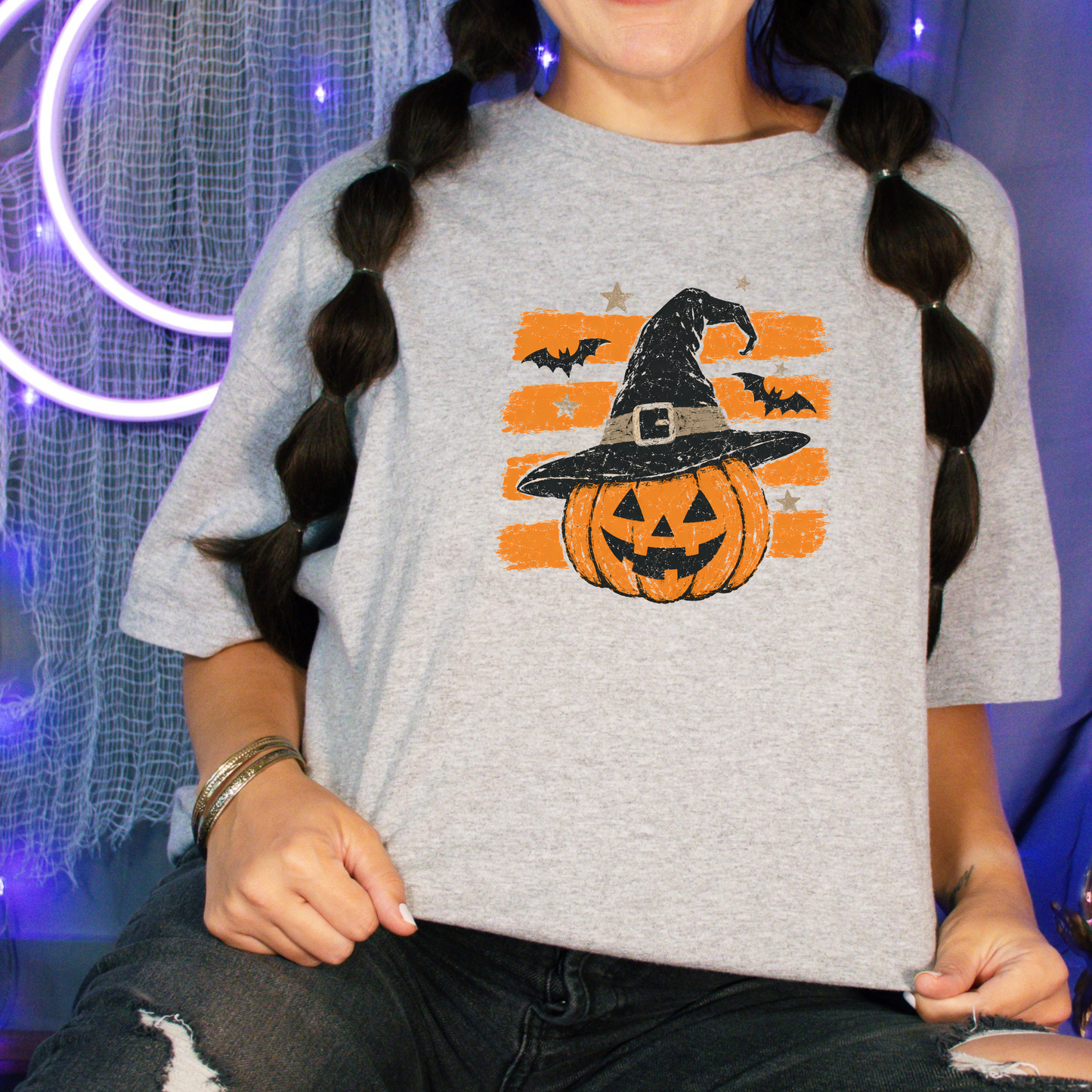 Striped Vintage Halloween Pumpkin Graphic Tee or Sweatshirt