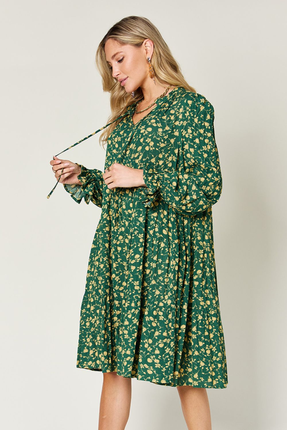 Double Take Printed Ruffle Hem Long Sleeve Tiered Dress