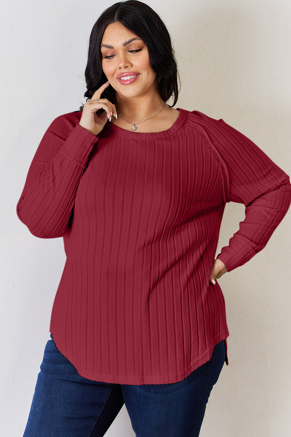 Basic Bae Ribbed Round Neck Slit T-Shirt