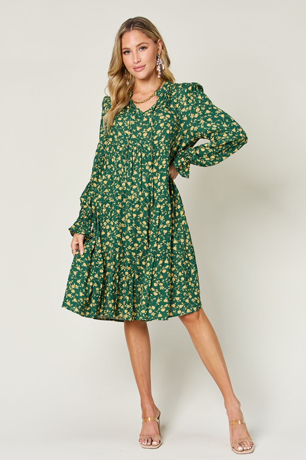 Double Take Printed Ruffle Hem Long Sleeve Tiered Dress