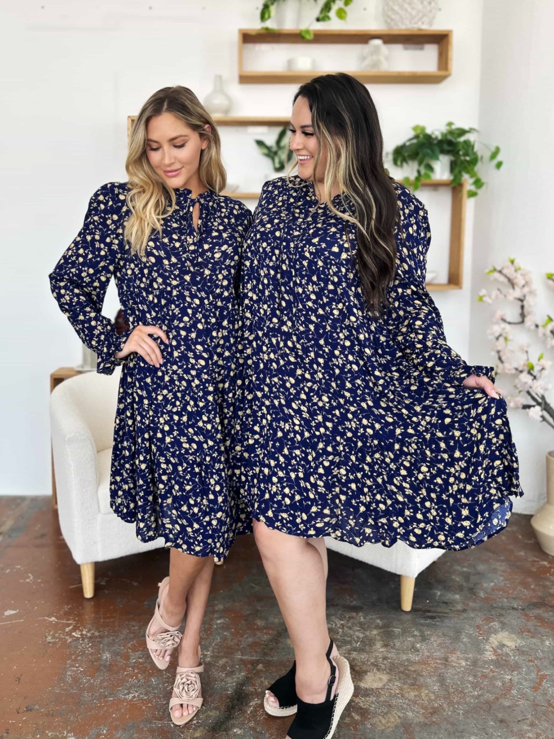 Double Take Printed Ruffle Hem Long Sleeve Tiered Dress