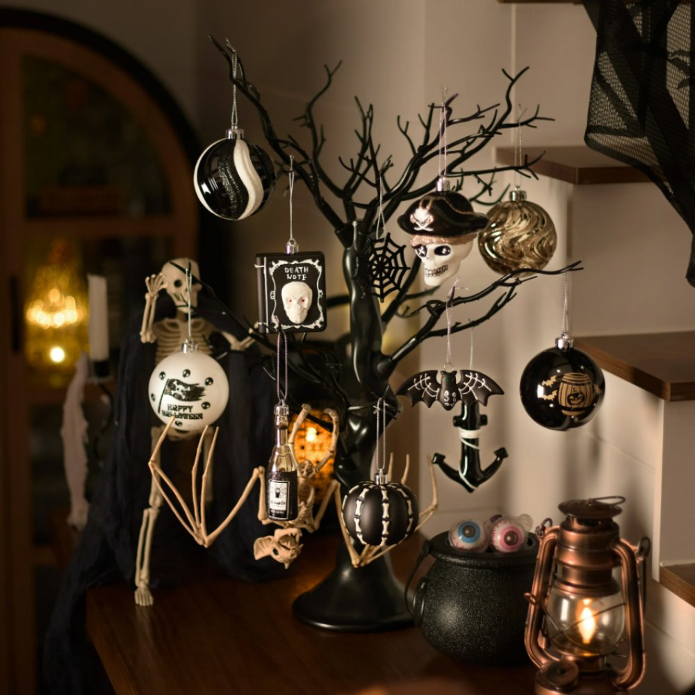 Halloween Christmas Tree Ornaments Set, 70-Piece Black & White Gothic Ornaments