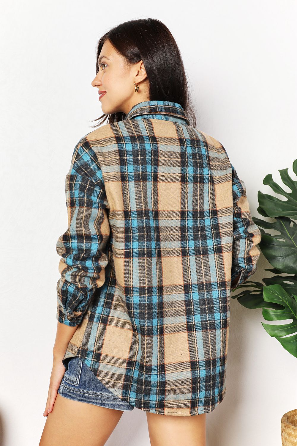 Double Take Plaid Curved Hem Shirt Jacket with Breast Pockets