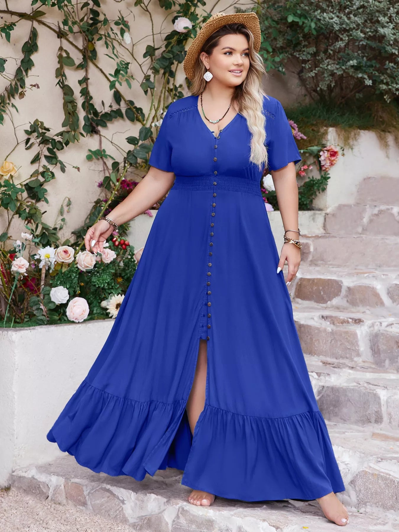 plus size flare maxi dress Roaman's Women's Plus Size Flutter Sleeve V-Neck Fit and Flare Bi-stretch Maxi Dress, Size: 28, Red