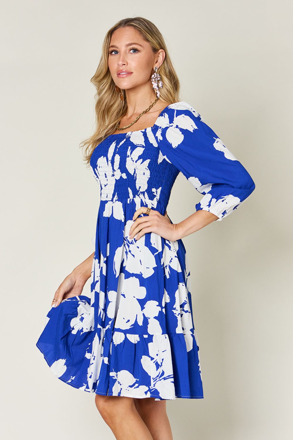 Double Take Floral Ruffle Hem Smocked Dress