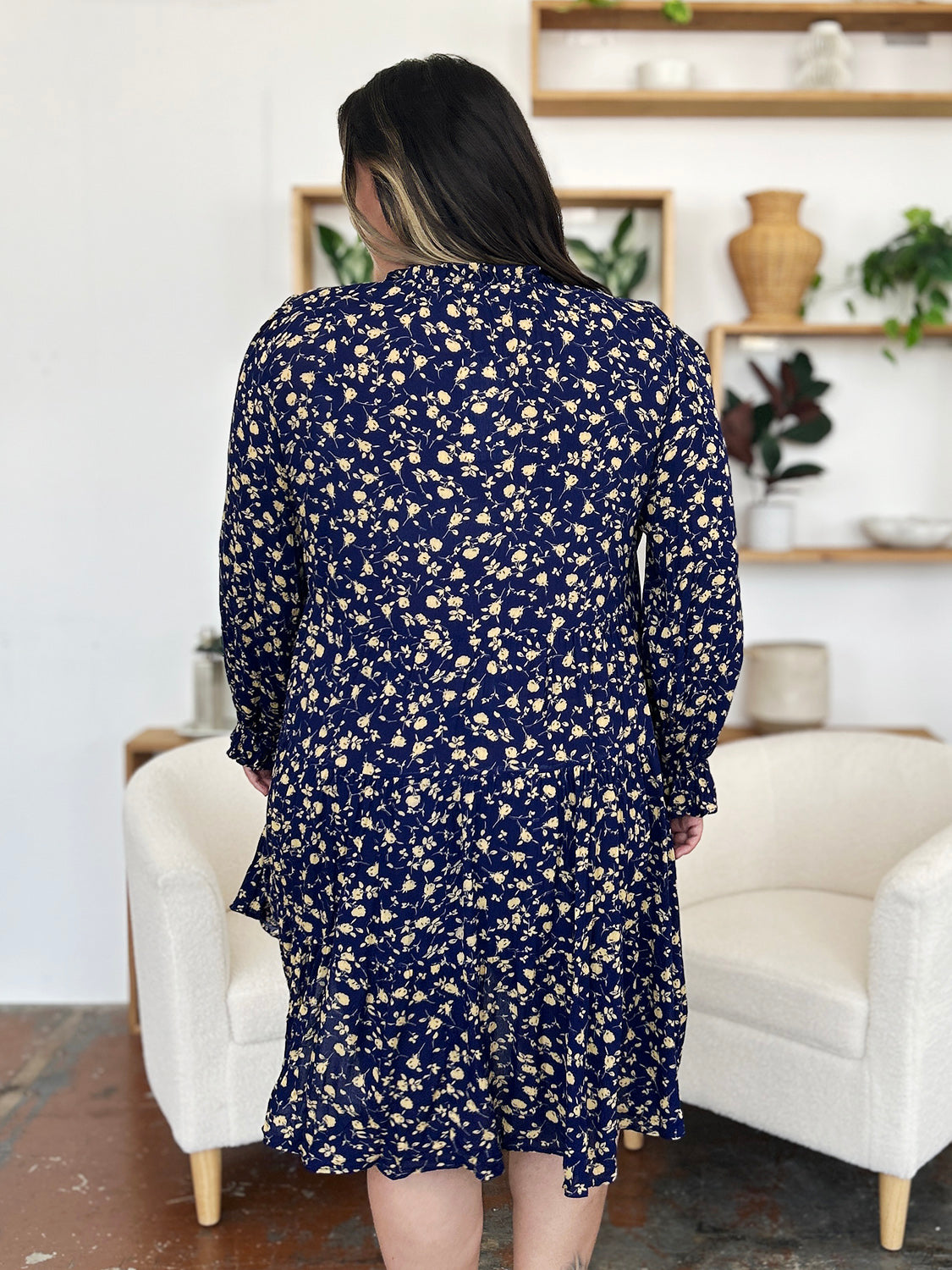 Double Take Printed Ruffle Hem Long Sleeve Tiered Dress