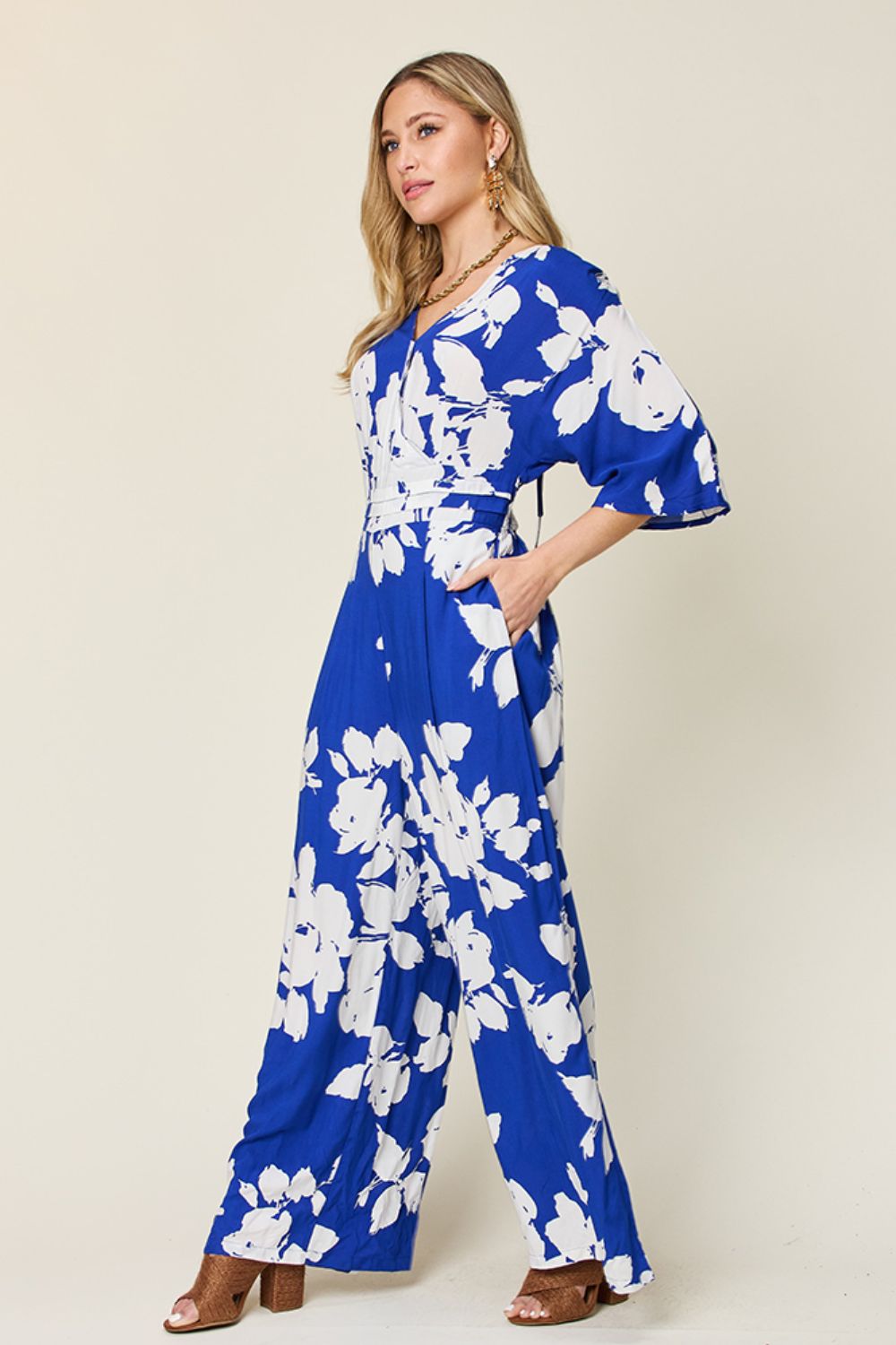 Double Take Printed Tie Back Wide Leg Jumpsuit