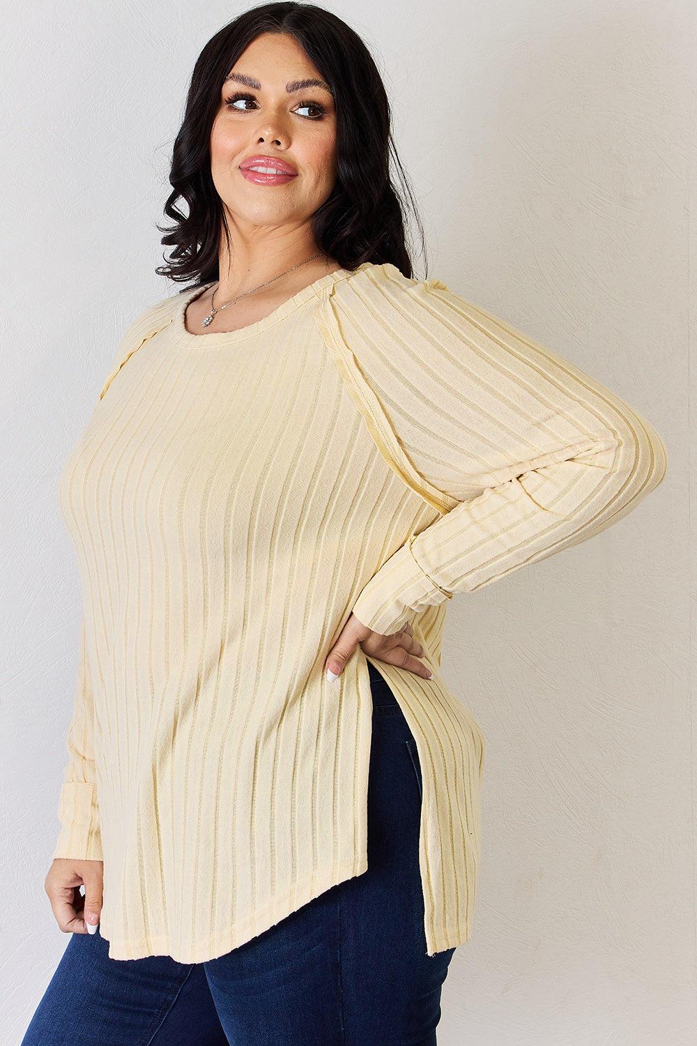 Basic Bae Ribbed Round Neck Slit T-Shirt