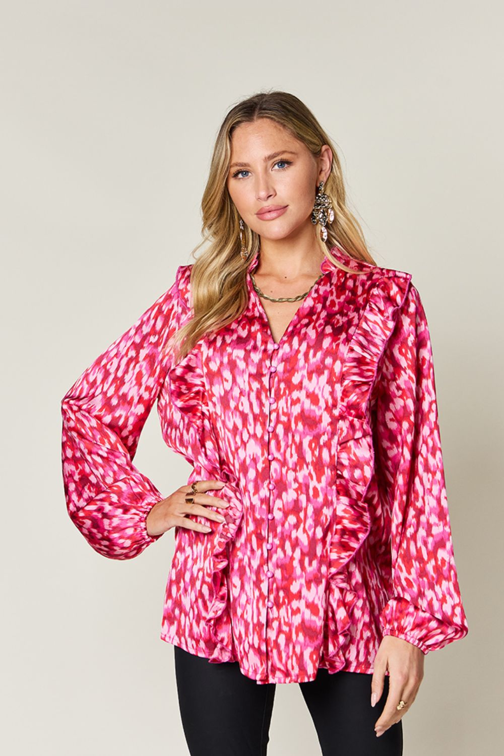 Double Take Printed Ruffle Trim Balloon Sleeve Shirt