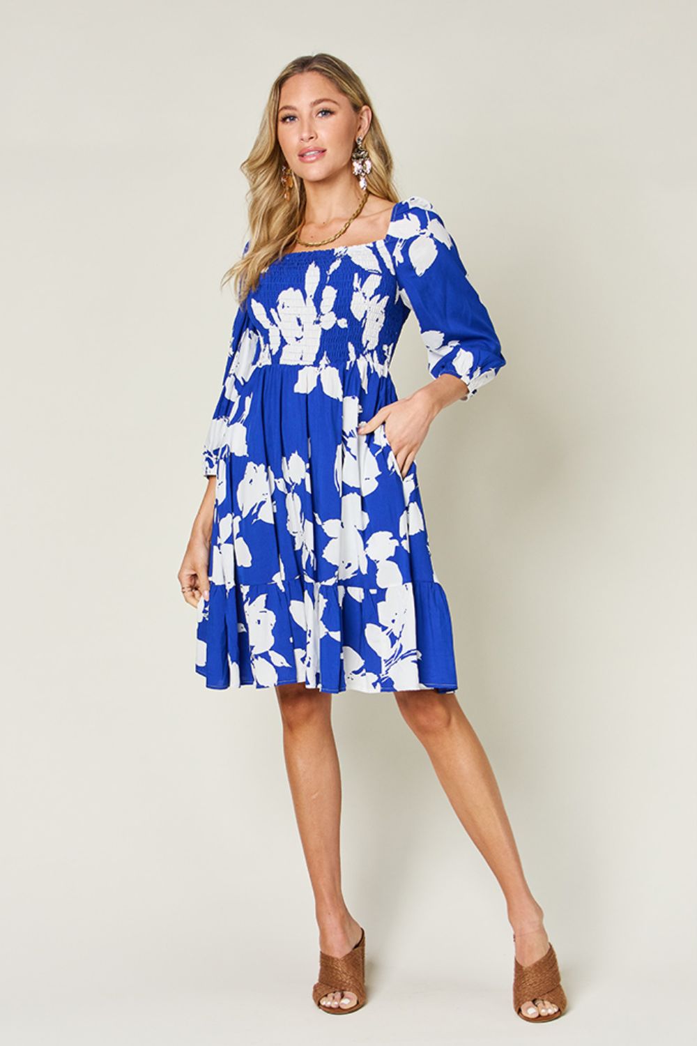 Double Take Floral Ruffle Hem Smocked Dress