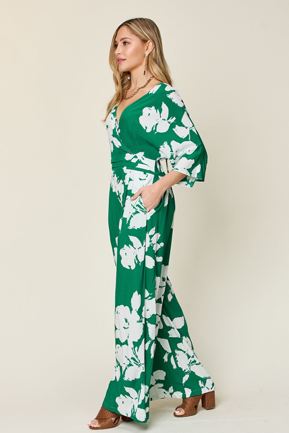 Double Take Printed Tie Back Wide Leg Jumpsuit