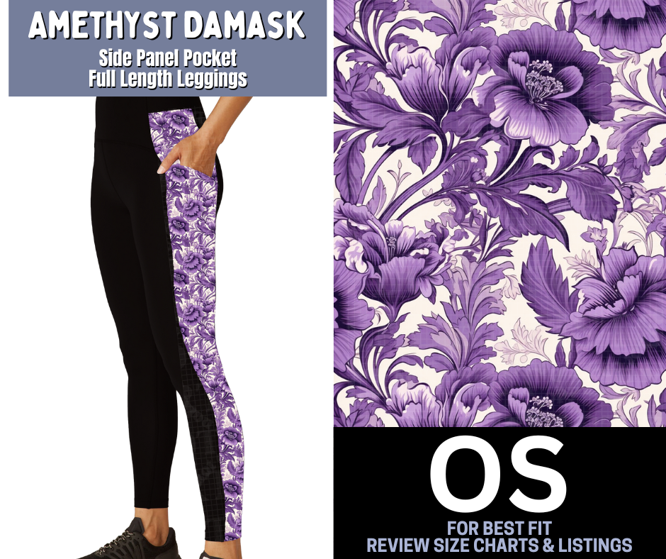 Amethyst Damask Side Panel Pocket Full Length Leggings