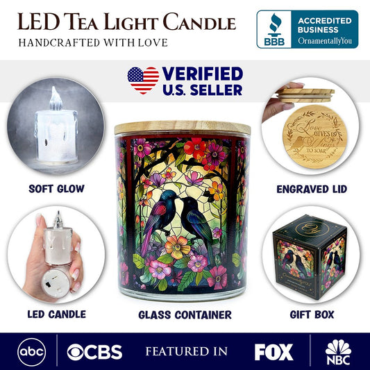 Birds of Love Faux Stained Glass LED Tea Light Candle, Cozy Romantic Valentine Decor With Soft Glow