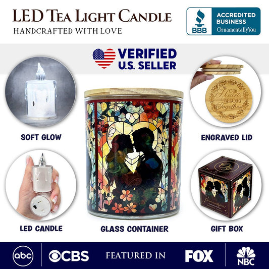 Couple in Love Faux Stained Glass LED Tea Light Candle, Heartfelt Romantic Decor With Soft Glow
