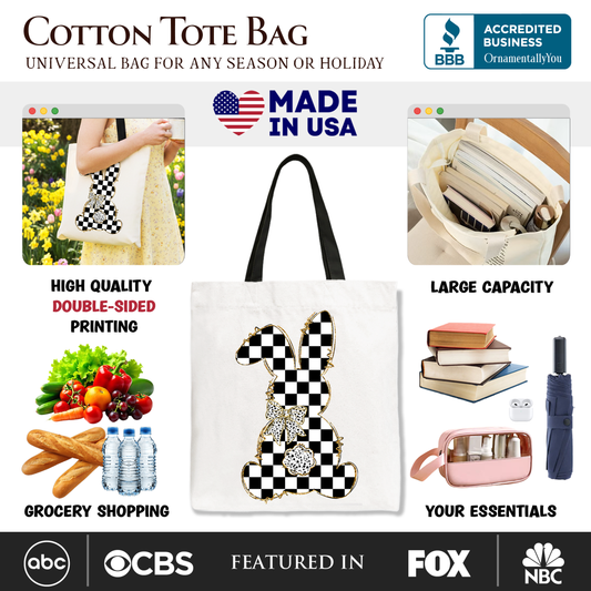 Checkered Easter Bunny Coquette Tote Bag, Stylish Spring Gift Shopper