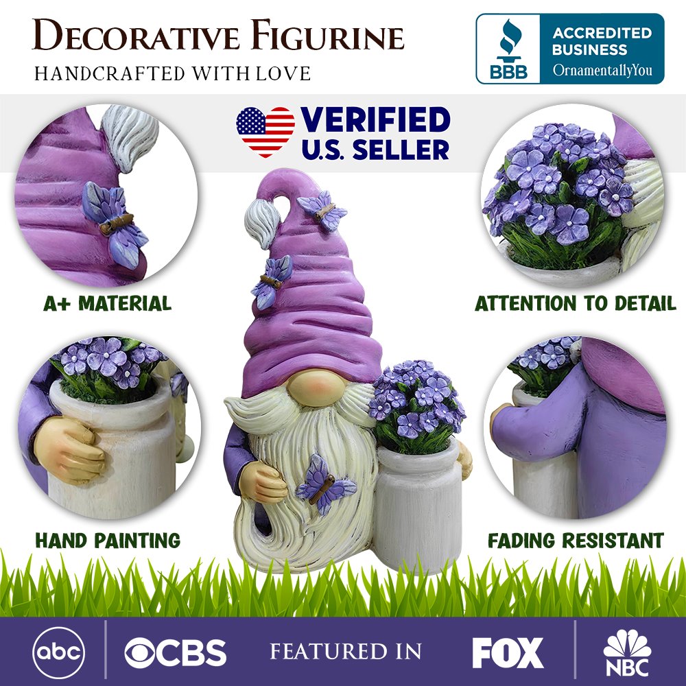 Garden Grace Lavender Gnome Figurine, 10" Purple Home Decor Statue with Butterflies and Flowers